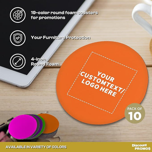 10 Round Foam Bud Coasters Pack, 4 inch - Customizable Text, Logo - PU Foam, Party Favor - Neon Orange
