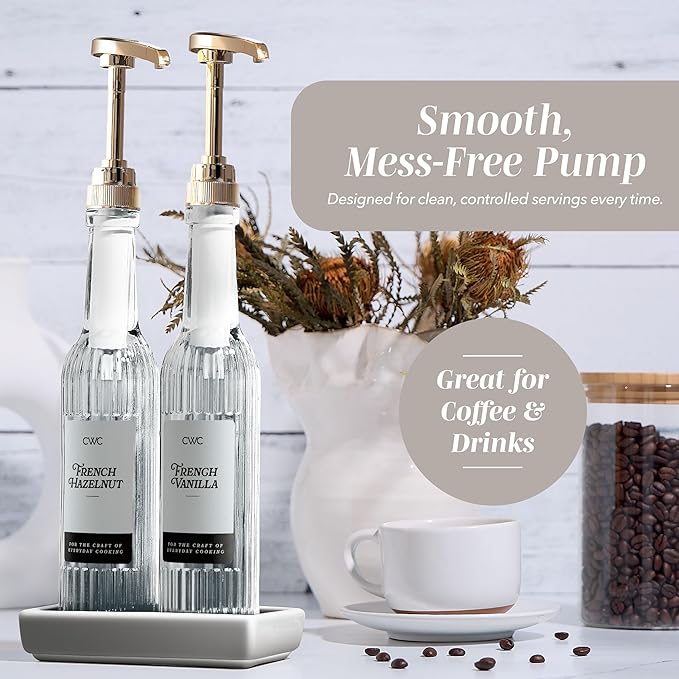 COOK WITH COLOR Glass Coffee Syrup Dispenser with Pump- Set of 2 Syrup Bottles for Coffee Bar, Decorative 350 ML Bottle with Ceramic Holder, Funnel, Labels and Extra Pumps, Textured Clear