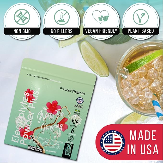 PowderVitamin Electrolytes Powder Plus (20 Servings) Green Tea Ginseng Electrolyte Powder Keto, Sugar Free, Pink Himalayan Salt,1000mg Potassium,120mg Calcium,120mg Magnesium, Hydration Powder