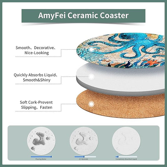 Round Absorbent Ceramic Stone Coasters, Sea Ocean Life Drinks Coasters Sets of 6, Coastal Decor Beach Theme Tropical for House Apartment Kitchen Bar Decor, Wooden Table, Coffee Table(4 Inches)