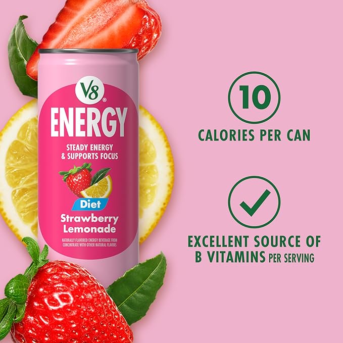 V8 Energy Diet Strawberry Lemonade Juice Energy Drink, 8 fl oz Can (6 Pack) (Case of 4)