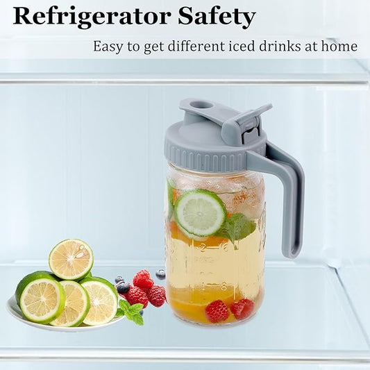 Mason Jar Pitcher Wide Mouth 32 OZ Glass Jars With Pour Spout Lids Airtight Leak-proof 1 Quart Water Pitcher With Handle For Iced Tea, Milk, Sun Tea, Lemonade, Iced Coffee