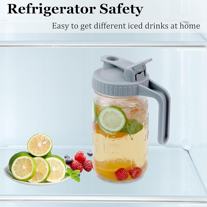 Mason Jar Pitcher Wide Mouth 2 Pack 32 OZ Glass Jars With Pour Spout Lids Airtight Leak-proof 1 Quart Water Pitcher With Handle For Iced Tea, Milk, Sun Tea, Lemonade, Iced Coffee