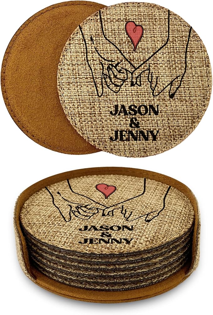Smile Art Design Family Couple Names Custom Coaster Set of 6 with Base Round Burlap Material Personalized Prints Personalized Gifts Christmas House Warming for her him Valentine's Day Gift Style8