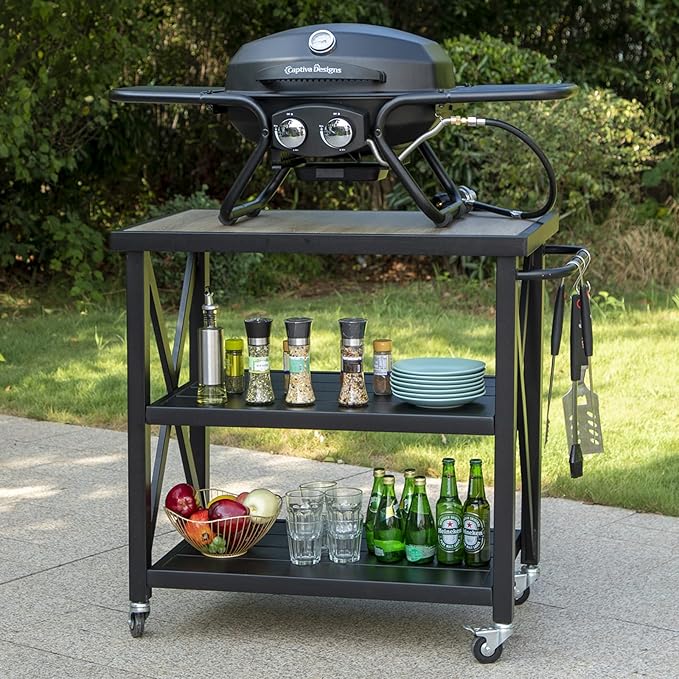 Sophia & William Outdoor Grill Cart Movable Food Prep Table Rolling BBQ Trolley Pizza Oven Stand with Ceramic Wood-Like Tabletop and Lockable Wheels, 35" W x 20.7" D x 35.4" H