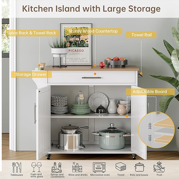 Kitchen Island with Storage, Wooden Rolling Kitchen Island On Wheels with Wood Top, Mobile Kitchen Bar Cart Cabinet with Towel Rack, Spice Rack and Drawers, White