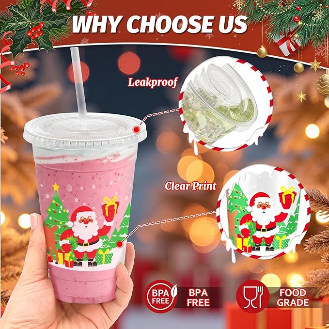 Clawsoff Christmas 20 OZ 50 Pack Plastic Cups with Lids and Straws, Sturdy Food Safe Iced Clear Coffee Cups Disposable Smoothie Cups for Cold Drinks