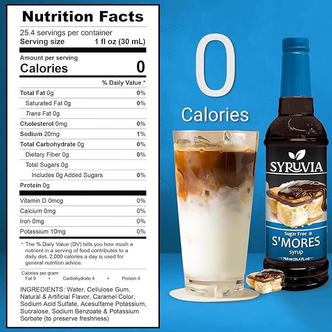 Syruvia Sugar Free Coffee Syrup, S'mores Flavored Syrup for Drinks, Lattes, and Desserts – 25.4 fl oz, With Pump
