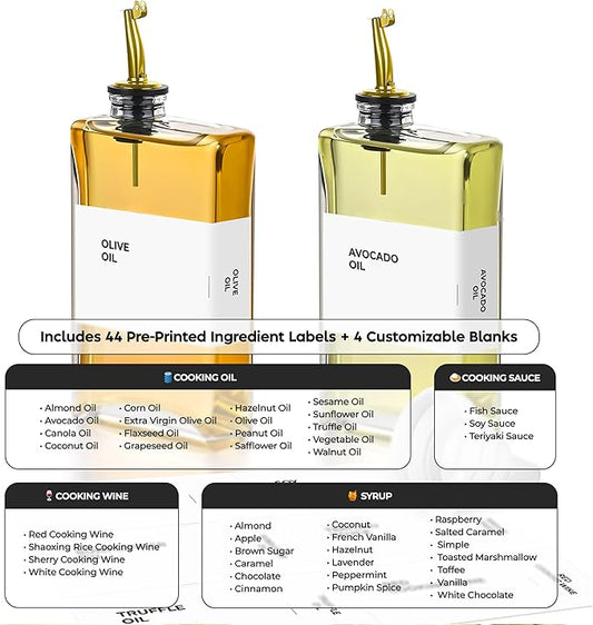 Olive Oil Dispenser Bottle - Includes 44 Kitchen Essential Labels - Cooking Oil Bottles for Kitchen, Coffee Syrup Dispenser - Pourer Spout with 11.8 fl oz Glass Container Cruet - 2pcs, Gold