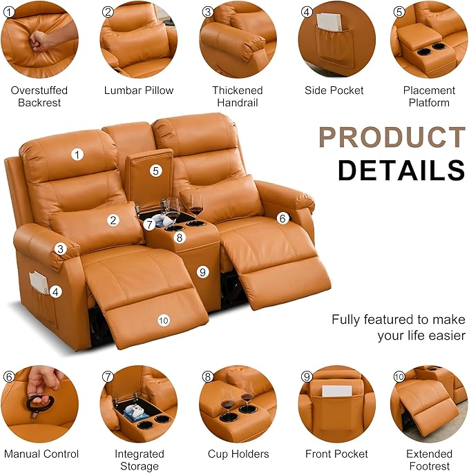 DRMBOOK RV Loveseat Recliner Sofa with Console, Faux Leather Double Wall Hugger Reclining Couch Manual Movie Seating 2 Person Recliner Chair with Cup Holders/Storage/Pocket/Lumbar Pillow, Orange