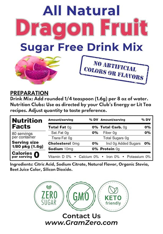 GramZero All Natural Dragon Fruit Zero Calorie Sugar Free Drink Mix, Great For Nutrition Club Loaded Tea, Stevia Sweetened