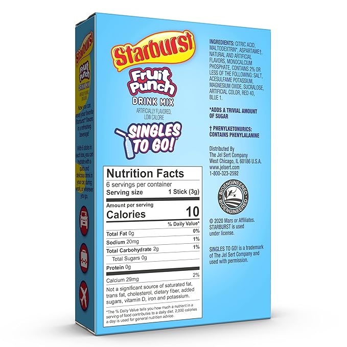 Starburst Singles To Go Powdered Drink Mix, Fruit Punch, 6 Boxes with 6 Packets Each - 36 Total Servings, Sugar-Free Drink Powder, Just Add Water, 6 count (Pack of 6)