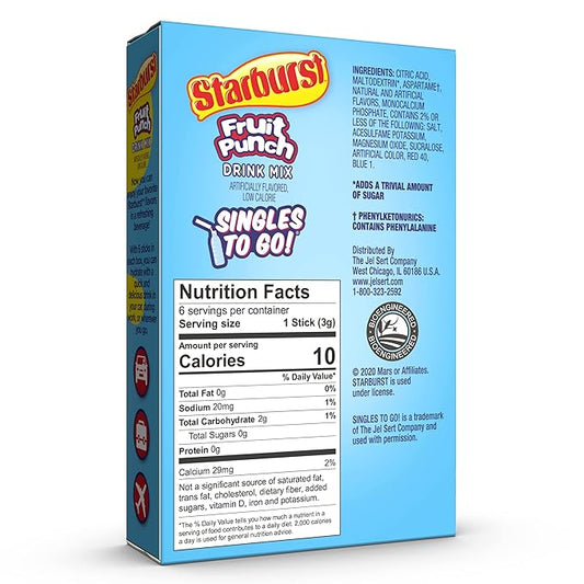 Starburst Singles To Go Powdered Drink Mix, Fruit Punch, 6 Boxes with 6 Packets Each - 36 Total Servings, Sugar-Free Drink Powder, Just Add Water, 6 count (Pack of 6)
