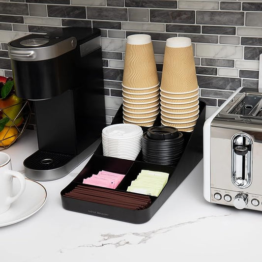 Mind Reader Cup and Condiment Station, Countertop Organizer, Coffee Bar, Kitchen, Stirrers, 7.25" L x 15.5" W x 5.25" H, Black (Pack of 4)