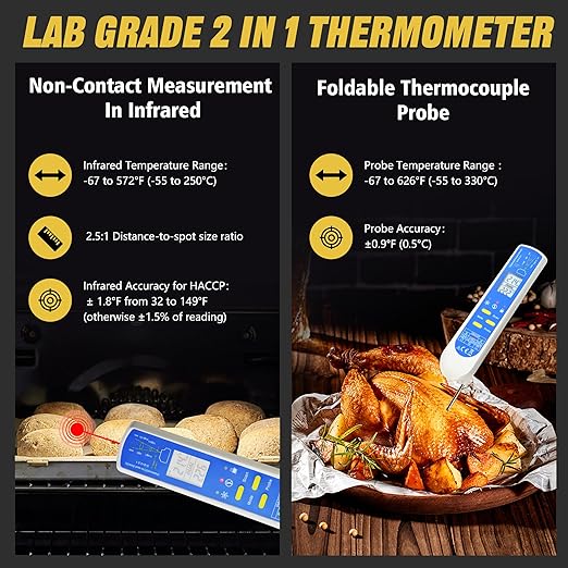 AMTAST Instant Read Thermometer Waterproof Digital Meat Thermometer for Food with Bright LCD Screen 2 in 1 Infrared Thermograph with Meat Probe for BBQ Grilling Cooking Baking Kitchen (Model AMT206)