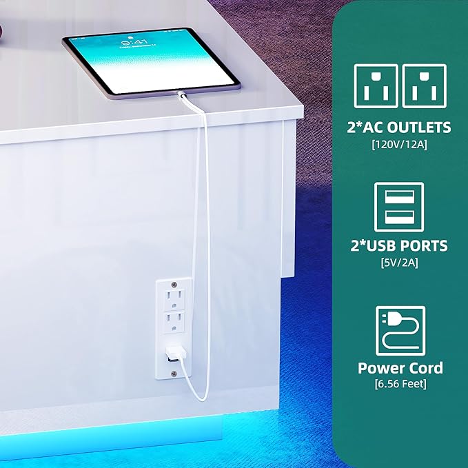 YITAHOME LED Lift Top Coffee Tables for Living Room with Power Outlets Charging Station, Modern Coffee Table with Storage 2 Drawers and Open Shelfs Rectangular Small Coffee Table Decor, Glossy White