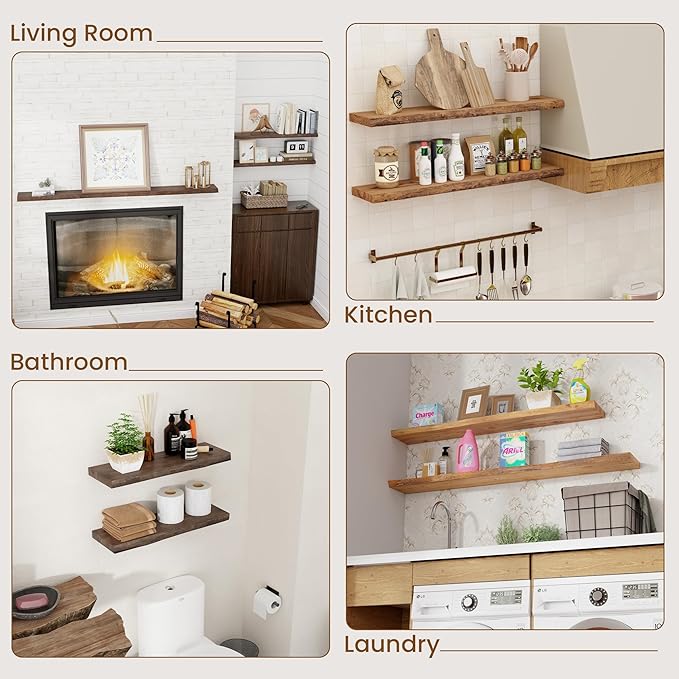Floating Shelves for Wall Decor, Rustic Solid Elm Wood Live Edge Floating Shelves Wall Mounted, Wall Shelves with Invisible Bracket for Living Room Bathroom Bedroom Kitchen, 30 Inch Set of 2, Natural