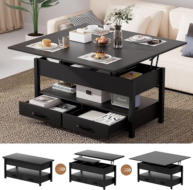 42'' Lift Top Coffee Table, 4-in-1 Multifunctional Lift Coffee Table with Storage & Hidden Compartments, Farmhouse Coffe Table with Lifting top for Living Room, Dining Reception Room, Black