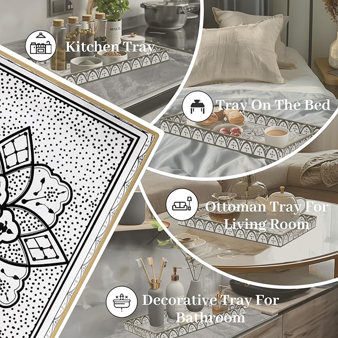 MAONAME Plastic Serving Tray with Handles, Modern Black Tray for Coffee Table, Rectangular Trays with Flower Pattern, Decorative Trays for Ottoman, 15.8" Lx 11.8" W X 1.6" H