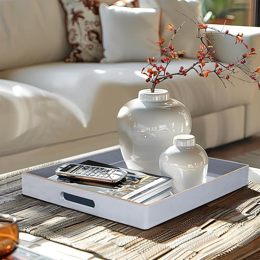 MAONAME Decorative Tray, Gray Serving Tray with Handles, Coffee Table Trays, Square Plastic Trays for Ottoman, Bathroom, Kitchen, 13" x 13" x 1.57"