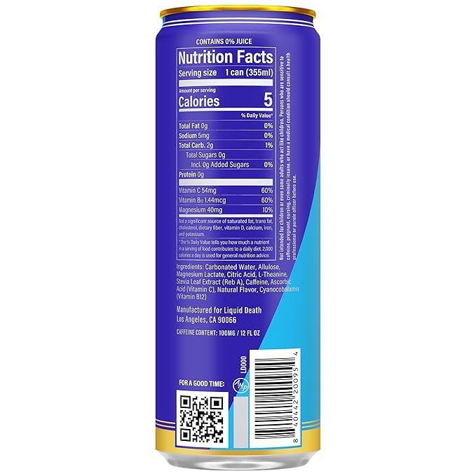 Liquid Death Sparkling Energy - Tropical Terror (Classic Piña Colada), Sugar-Free Energy Drink, Unextreme Caffeine 100mg, Essential Vitamins, 12 Fl Oz (Pack of 12)