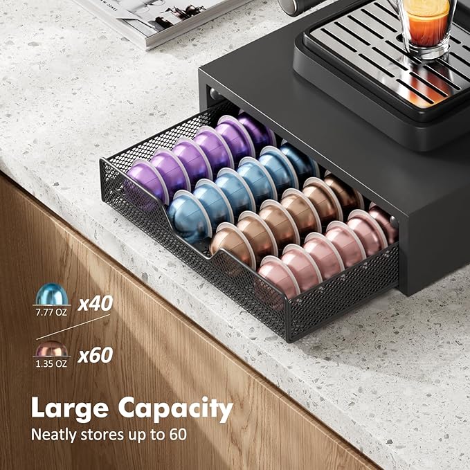 Nespresso Pods Holder, K Cup Holder, Coffee Pod Holder Organizer Compatible with Nespresso Vertuo Capsules, Holds 60 Small or 40 Large Pods, Black