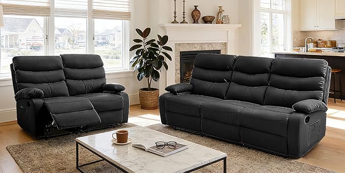 Reclining Couch Sofa Set Leather Recliner Couch Sofa and Loveseat Sets for Living Room, RV, Theater Seating(3 Seat Sofa+Loveseat,Black)