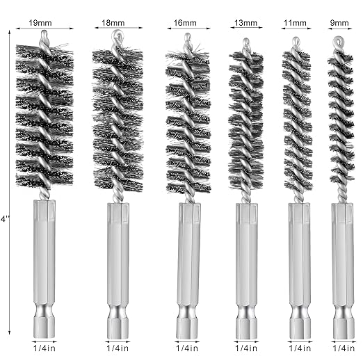 Patelai 6 Pcs Stainless Steel Wire Bore Brush Different Size Twisted Cleaning Brush with Handle 1/4 Inch Hex Shank for Power Drill Impact Driver (9/ 11/ 13/ 16/ 18/ 19 mm)