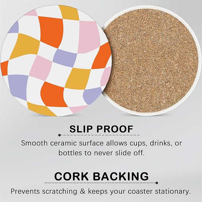Drink Coasters for Drinks Set of 6,Retro Wavy Absorbent Round Ceramic Stone Mat Coaster, with Cork Base and Metal Holder, Home Bar Decor House Warming Gift