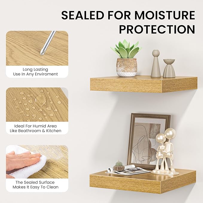 Square Floating Shelves for Wall, 7.5" W x 7.5" D x 1.4" H, Small Wooden Wall Mounted Display Shelf with Invisible Brackets for Living Room, Bathroom, Kitchen Decor, Set of 4, Oak