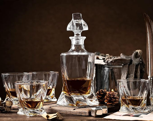 Whiskey Gifts for Men, Whiskey Decanter Set with 4 Glasses in Gift Box by Verolux | Elegant Twisted Design with Glass Stopper - Liquor, Bourbon, Brandy, Gin, Rum, Tequila, Vodka, Cognac