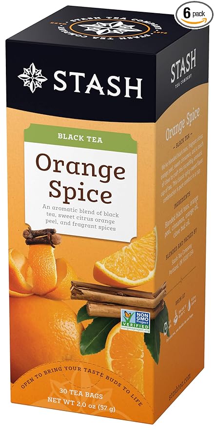 Stash Tea Orange Spice Black Tea - Caffeinated, Non-GMO Project Verified Premium Tea with No Artificial Ingredients, 30 Count (Pack of 6) - 180 Bags Total