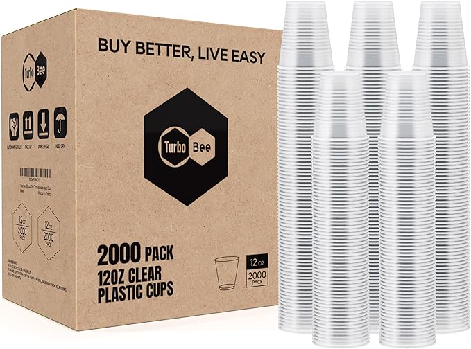 Turbo Bee 2000 Pack 12oz Plastic Cups,Clear Drinking Cups，Disposable Party Cups Bulk,Hot and Cold Drink Container for Water, Juice, Soda,Coffee