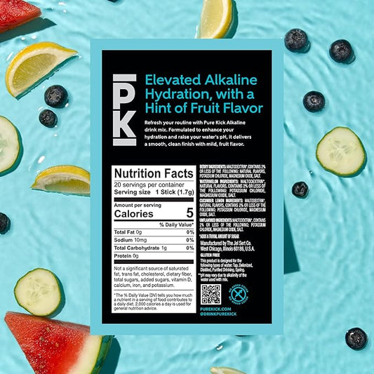 Pure Kick Alkaline Singles to Go! Powdered Drink Mix, 20ct Variety Pack, Unsweetened with a Hint of Flavor - Watermelon, Berry, Cucumber Lemon and Unflavored, 20 Servings (Pack – 1)