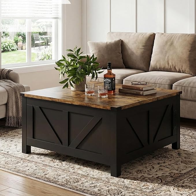35” Farmhouse Coffee Table with Large Storage, Rustic Wood Lift Top Coffee Table for Living Room, Square Center Table with Charging Station&USB, Modern Port Pottery Barn Lift top Table