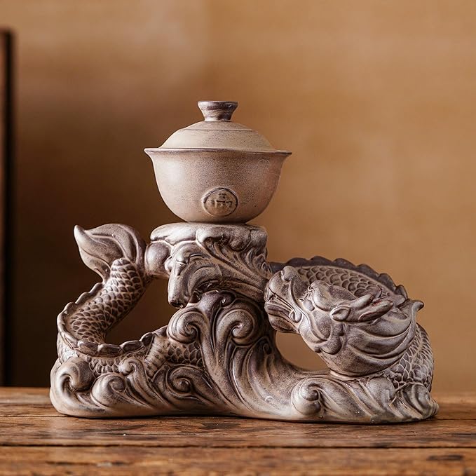 Semi Automatic Tea Set Ceramic Teapot with Infuser Magic Teapot with 8 cups (Retro Dragon-D)