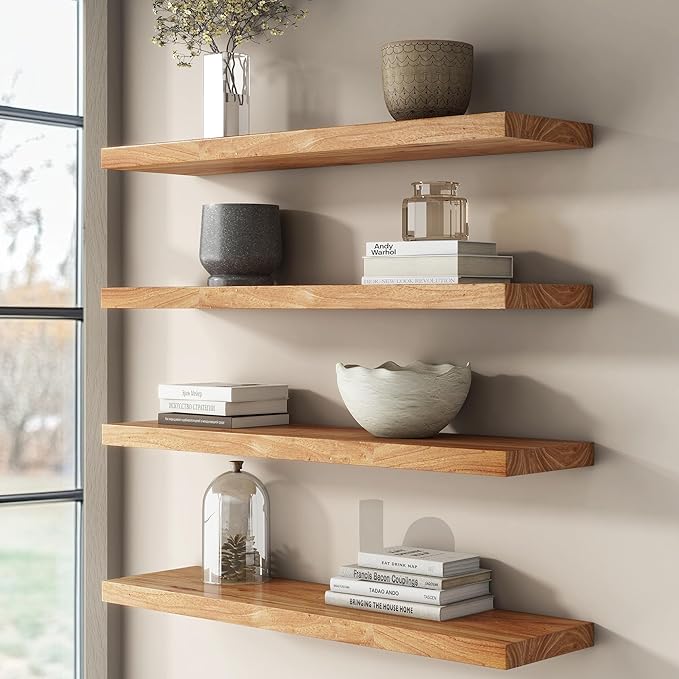 Reclaimed Elm Wood Floating Shelf for Wall, Flat Edge 48"W x 9.2"D x 1.4"H, 1 Pack with Invisible Bracket, Large Wall Mounted Shelf for Living Room Bedroom Kitchen Bathroom Decor, Natural Finish