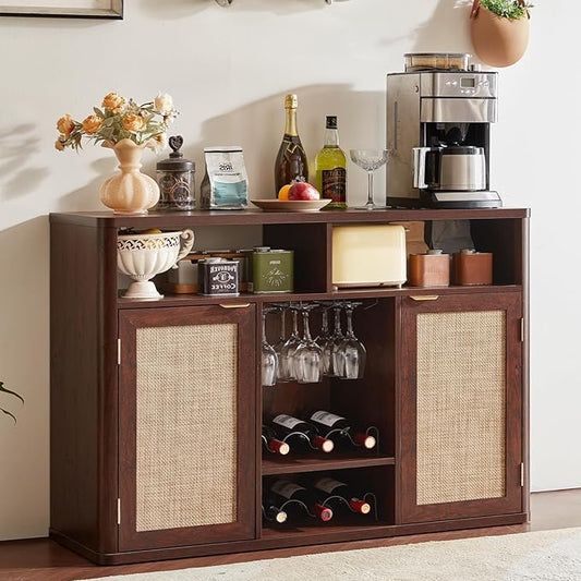 Lerliuo Rattan Wine Cabinet with 2 Doors, Boho Liquor Cabinet with Wine Racks, Farmhouse Coffee Bar Station for Living Room, Dining Room, Kitchen, Walnut