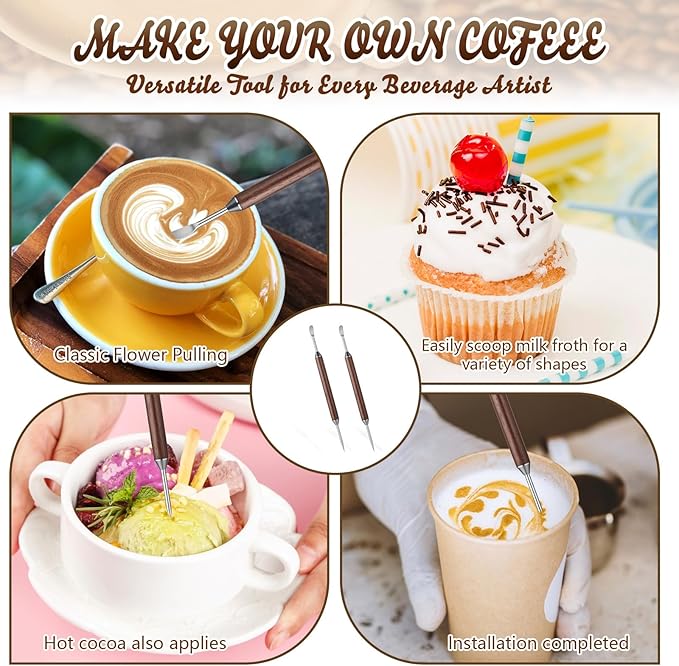 2pcs Latte Art Pen, Double-Ended Stainless Steel Barista Tools with Black Wood Handle, Professional Coffee Art Pen for Home Cafe Espresso Designs, Barista Accessories