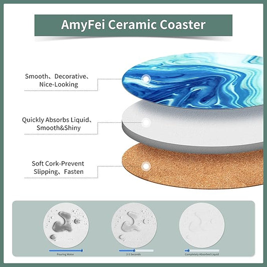 Ceramic Marble Coasters, 6 Sets of Round Tea Coasters with Holder on Dark Blue White, Durable Cup Coaster for Coffee for Table Protection, Beer Coasters set for Kinds of Mugs and Cups(4 Inches)