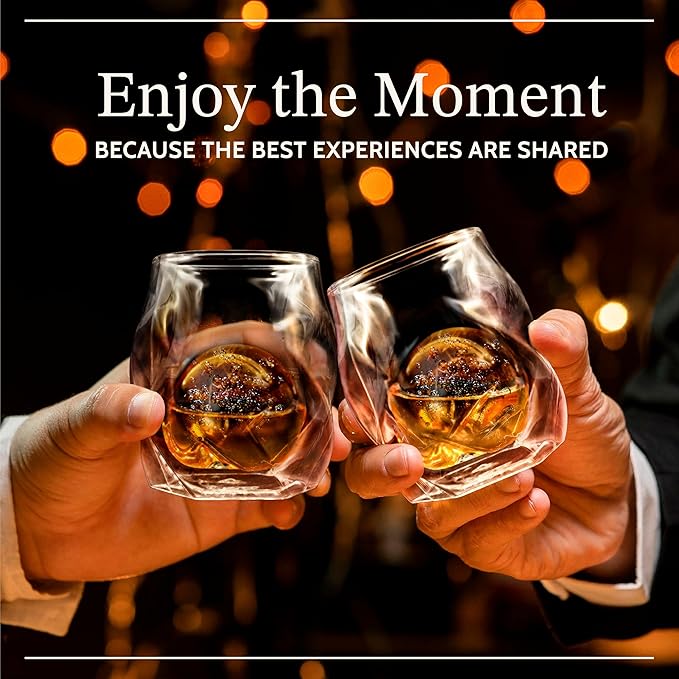JAMES BENTLEY JB Whiskey Glasses – Double Wall, Hand Blown Borosilicate Glass, Enhances Aroma and Flavor, Premium Quality for Bourbon & Whiskey Tasting — Set of 2 Glasses with 2 Ice Ball Molds