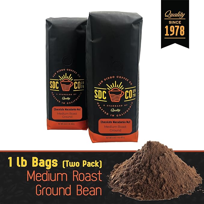 San Diego Coffee Chocolate Macadamia Nut, Medium Roast, Ground Coffee, 16-Ounce Bags (Pack of 2) Café molido tostado