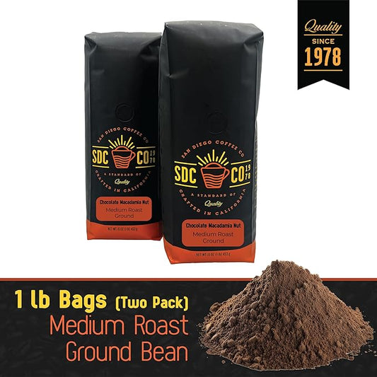 San Diego Coffee Chocolate Macadamia Nut, Medium Roast, Ground Coffee, 16-Ounce Bags (Pack of 2) Café molido tostado