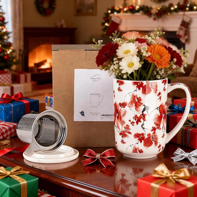 AmorArc Porcelain Tea Mug with Infuser and Lids, 18 Oz Coffee Cup Strainer with Bag Holder for Loose Leaf Tea, Steeping Coffee Mug for House-warming Wedding Birthday Gift