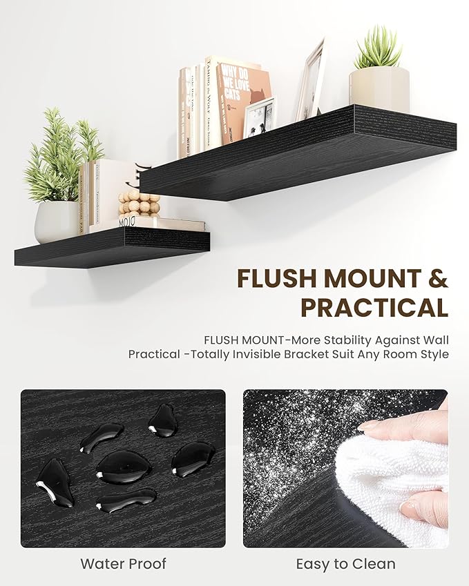 Marsmiles 32" Floating Shelves for Wall, Wooden Shelves with Invisible Brackets Set of 2, Rustic Farmhouse Wall Mounted Shelf for Kitchen Bathroom Living Room Study, Black