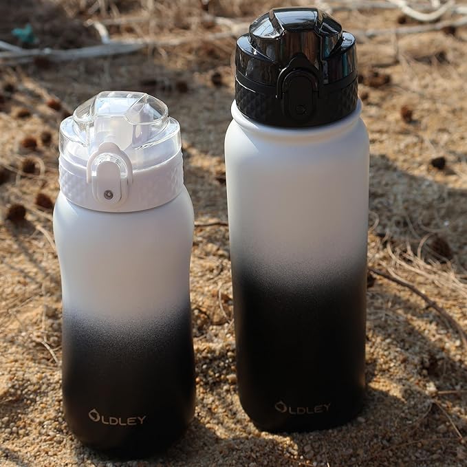 OLDLEY Insulated Water Bottle 12oz Water Bottles with Straw, Stainless Steel Water Bottle with 2 Lids, Double Wall Vacuum Bottels for Adults School Kids, Leak-Proof Travel Sport Bottles, White Black