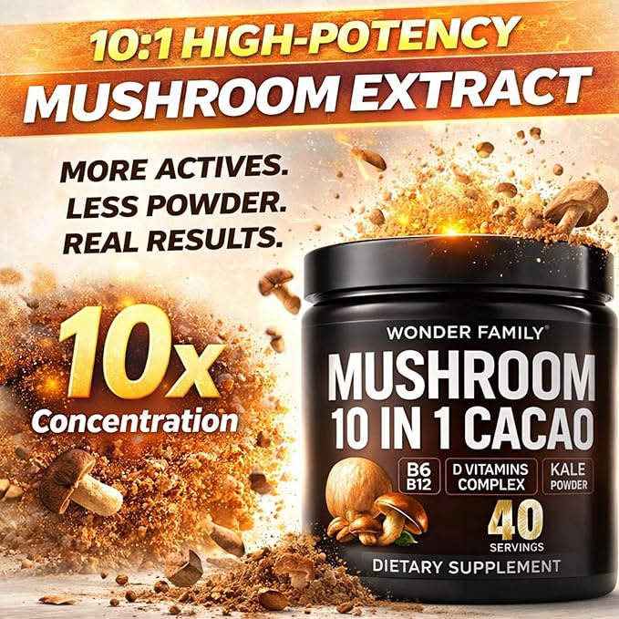 Instant Mushroom Powder 10:1 – Cordyceps Mushroom Supplement with Reishi, Chaga & Shiitake – Caffeine-Free Nighttime Drink with B6, B12, D + Probiotics – Best Mushroom Coffee Organic Blend (Sweet)