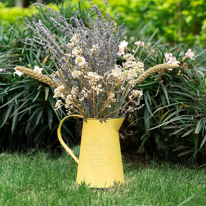 APSOONSELL Yellow Metal Flower Vase Vintage Jug Pitcher Shabby Chic Decor Rustic Farmhouse Kitchen Decor for Home
