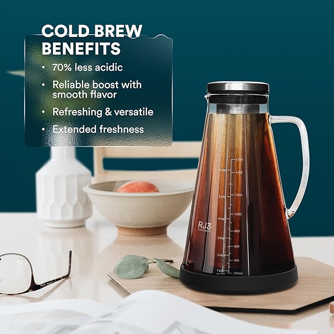 ovalware Pour Over Coffee Dripper Maker Paperless Stainless Steel Filter, Precision Measuring Cup and Carafe with Airtight Cold Brew Iced Coffee Maker Pitcher RJ3 Brewing Glass Carafe