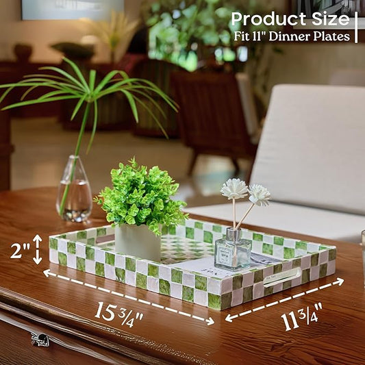 15.8" x 11.8" Decorative Rectangular Tray with Natural Capiz Shells, Checkered Tray with Handles, Serving Tray for Ottoman, Coffee Table, Kitchen Counter Home Decor (Pistachio Green)